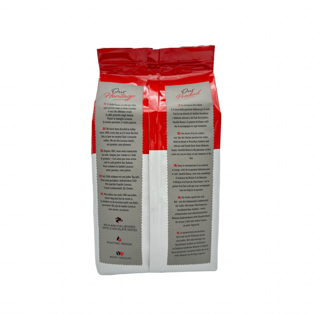 De achterkant van een kilozak koffiebonen van het merk Lavazza Qualita Rossa
