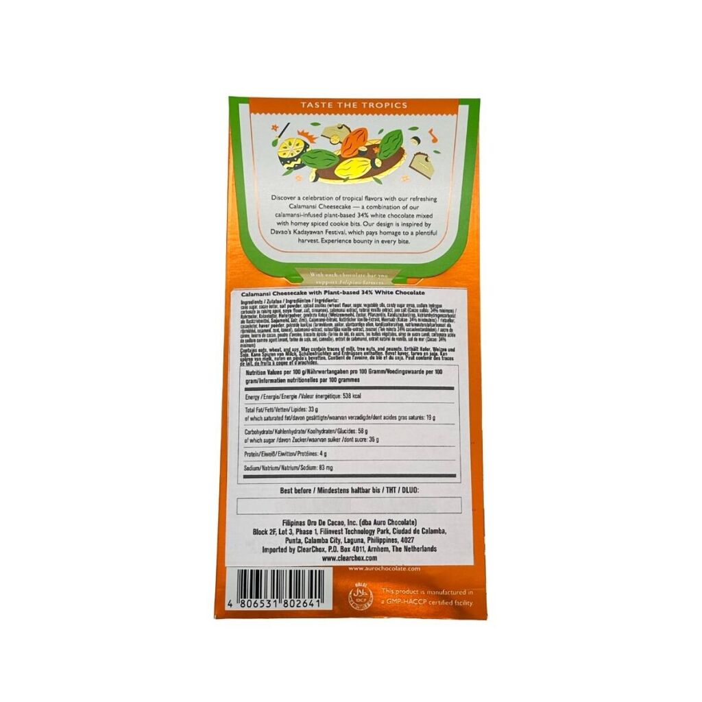Il retro della confezione di una barretta di cioccolato al gusto calamansi cheesecake del marchio Auro