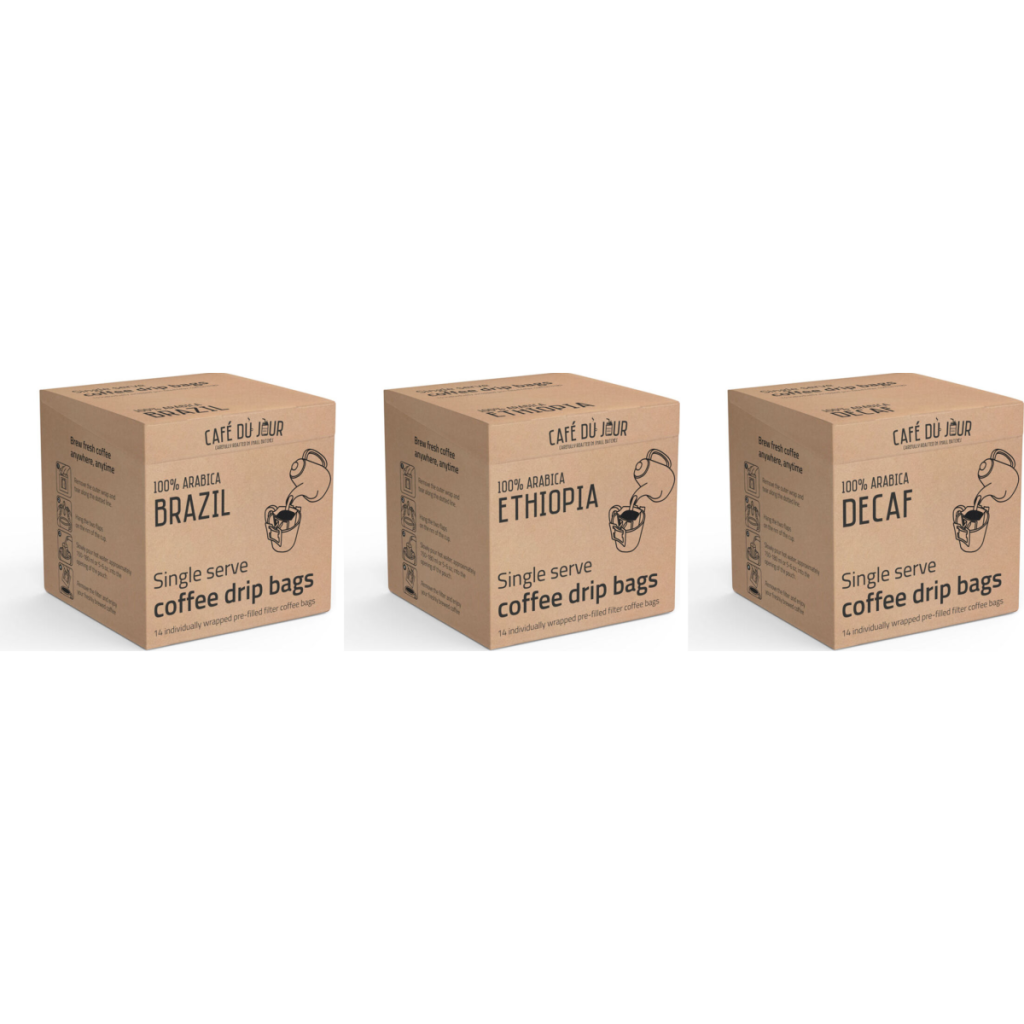 Trio Single Serve Drip Bags - Brasile, Etiopia & Decaf 3 x 14 pezzi