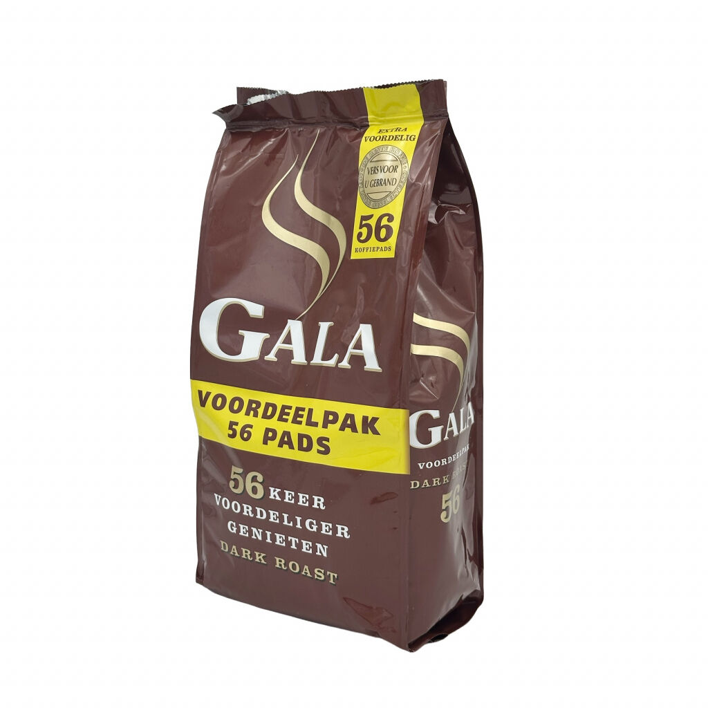 Schuine voorkant van een zak koffie met 56 pads van het merk Gala Dark Roast